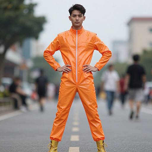 Male in Orange PVC Jumpsuit Outdoors