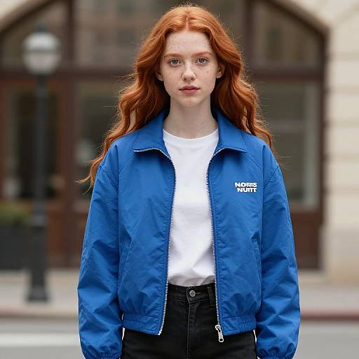 Photograph of a young white woman with long red hair, wearing a blue Champion jacket, white t-shirt, and black pants, standing in front of