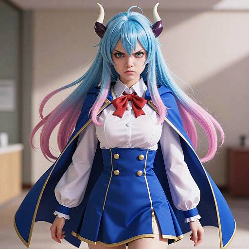 CGI anime-style girl with blue and pink hair, horns, blue cape, white blouse, red bow, blue skirt, standing in sunlit room