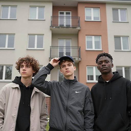 Three Teenage Boys Outside Apartment Building