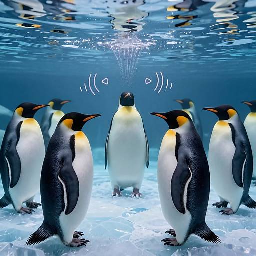 Photograph of six Emperor penguins with black and white feathers and orange facial patches, standing on icy blue water under a reflective surface, with one p
