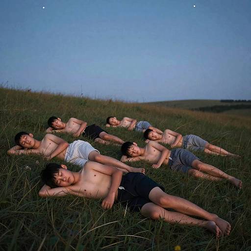 Photograph of nine shirtless Asian boys lying in a grassy field at dusk, wearing shorts, arms resting on each other, clear blue sky with
