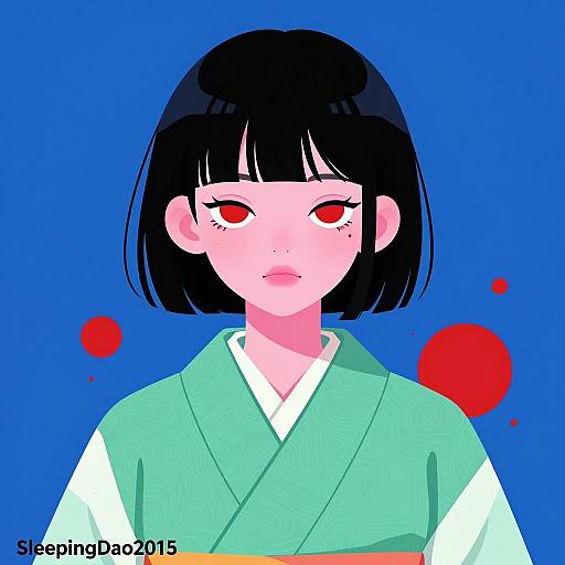 Digitally Illustrated Asian Woman in Kimono
