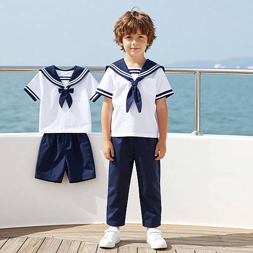 Photograph of a young boy with curly brown hair in a white sailor outfit with navy blue trim and shorts, standing on a deck with a blue ocean
