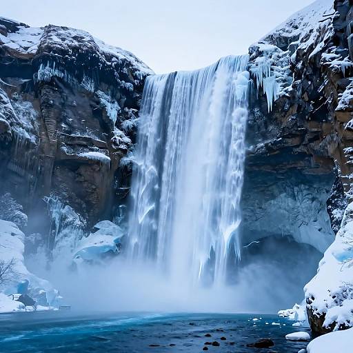 Photograph of a towering, icy waterfall cascading into a misty, snow-covered, blue pool, surrounded by frosty, rocky cliffs with ic