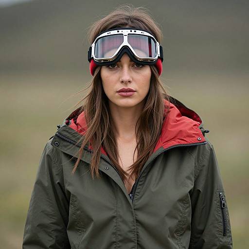 Photograph of a serious-looking woman with long brown hair, wearing a green jacket with red lining and black ski goggles with white accents, standing in a