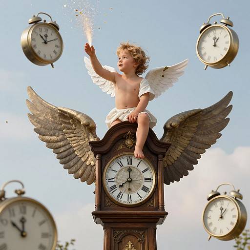 Photograph of a cherubic, curly-haired child with white wings and a white diaper, sitting on a clock tower, sparking a magic wand, surrounded