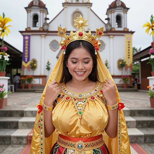 Photograph of smiling young Asian woman in ornate gold traditional dress with red and green jewels, gold crown, and veil, standing in front of a