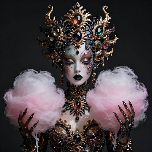 Digital art of a regal, pale-skinned woman with elaborate gold and jewel-encrusted headpiece, black lipstick, pink fluffy clouds,