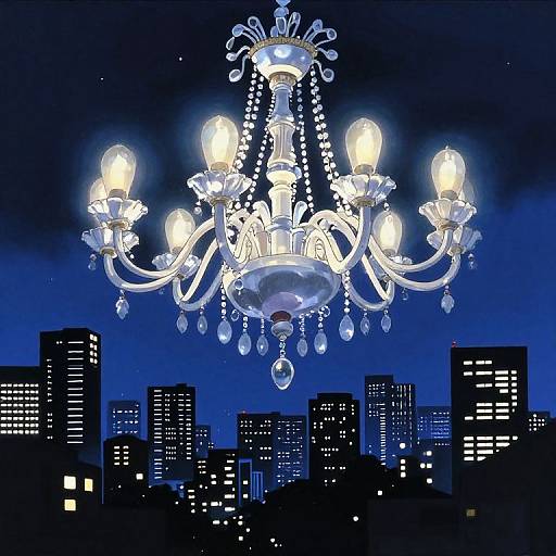 Digital artwork of a glowing, ornate crystal chandelier hanging above a dark blue night sky with silhouetted city skyscrapers.