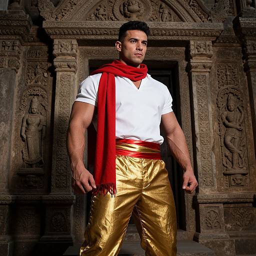 Photograph of a muscular man with short black hair, white shirt, red scarf, and gold pants, standing in front of an intricately carved stone