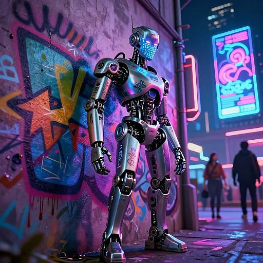 Neon-lit, cyberpunk street scene with a metallic, humanoid robot standing against a graffiti-covered wall, illuminated by vibrant neon signs and colorful graffiti