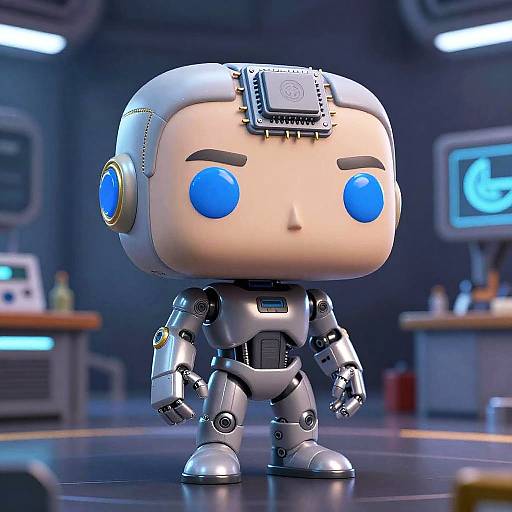 Chibi-style CGI robot with a white, square head, blue circular eyes, and silver body in a futuristic lab with blue lighting.