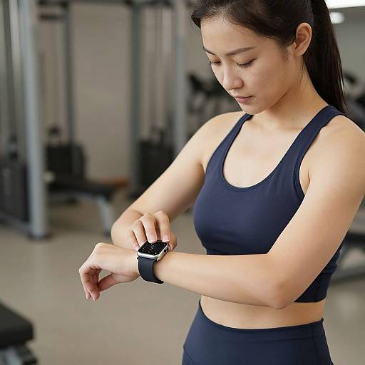 Photograph of an Asian woman with long black hair in a gym, wearing a black sports bra and high-waisted black leggings, adjusting her black
