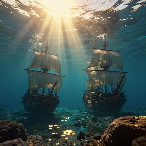 Photograph of two vintage wooden ships with billowing sails underwater, illuminated by sun rays piercing the blue ocean, surrounded by coral and rocks.