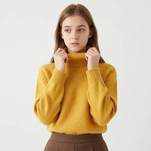 Photograph of a young woman with straight brown hair, wearing a yellow knit turtleneck sweater and brown skirt, against a white background. She gaz