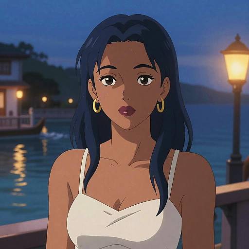 Digital anime-style portrait of a dark-skinned woman with long blue hair, wearing a white tank top, gold hoop earrings, and looking serious, against
