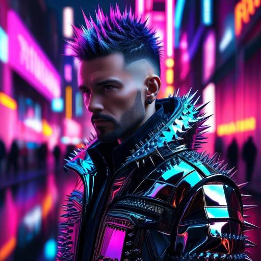 Cyberpunk Man with Spiked Jacket and Neon Hair