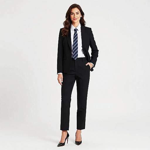 Photograph of a confident woman with long brown hair, wearing a black suit, white shirt, blue striped tie, and black high heels, standing against