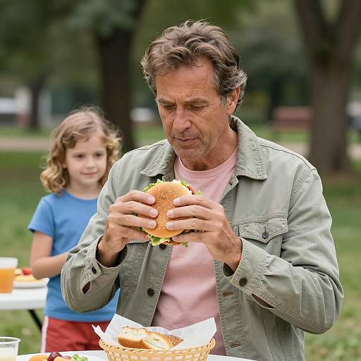 Middle-aged man holding hamburger in park