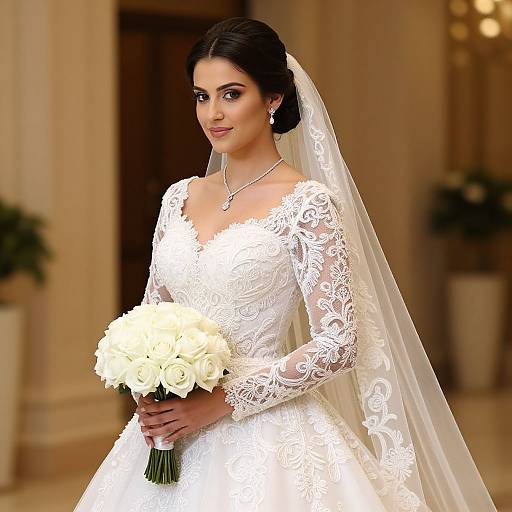 Photograph of a beautiful South Asian bride in an elegant white lace wedding dress, holding a bouquet of white roses, with a long veil, indoors,