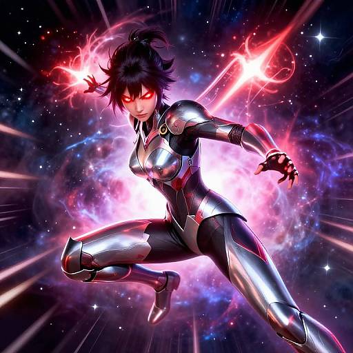 Digital anime-style drawing of a black-haired, red-eyed female warrior in a shiny black and silver suit, surrounded by vibrant cosmic energy.
