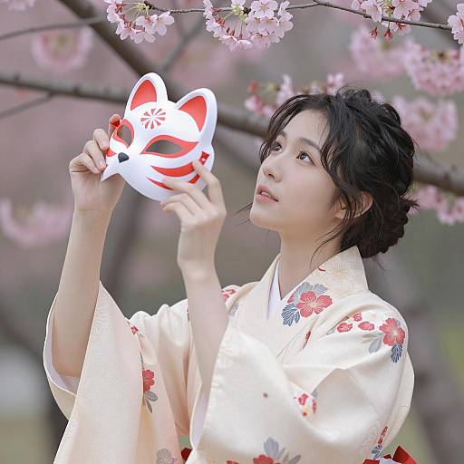 Asian Woman in Kimono Holding Fox Mask with Cherry Blossoms