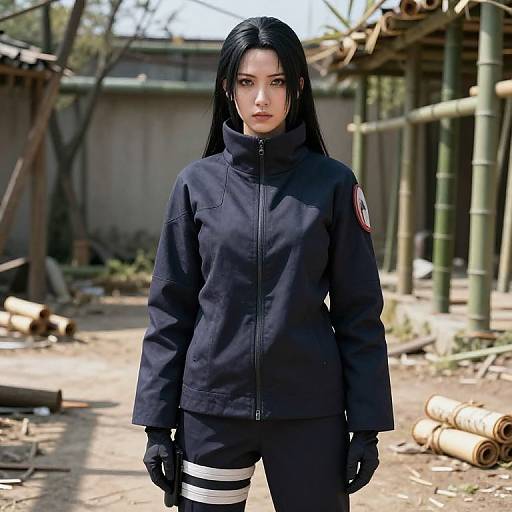 Photograph of a young Asian woman with long black hair, wearing a black tactical jacket and pants, standing in a bamboo-filled outdoor area with wooden structures