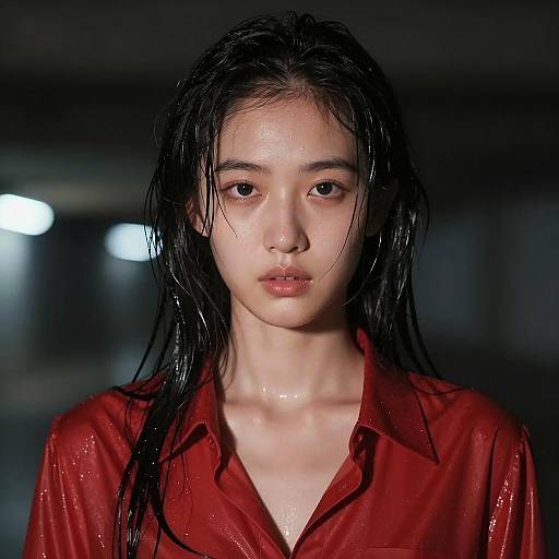 Young Woman in Shiny Red Shirt