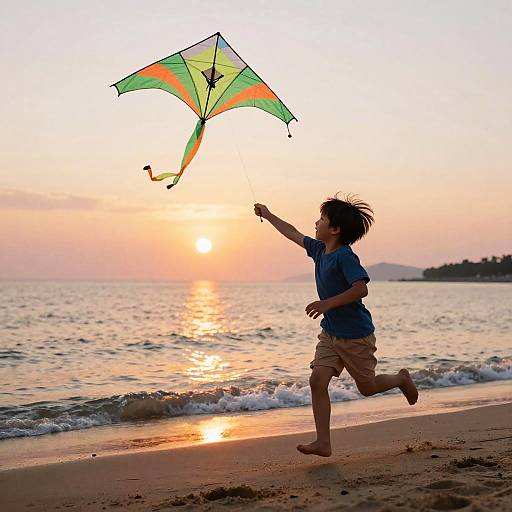 Photograph of a young boy with messy hair flying a green and orange kite on a sandy beach at sunset.