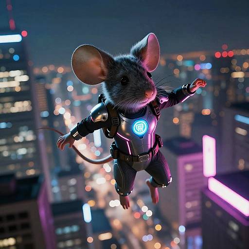 Mouseman Soaring Over Cyberpunk City