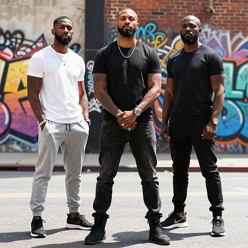 Photograph of three muscular Black men standing on a sunlit street with colorful graffiti; left in white tee and grey pants, center in black tee and