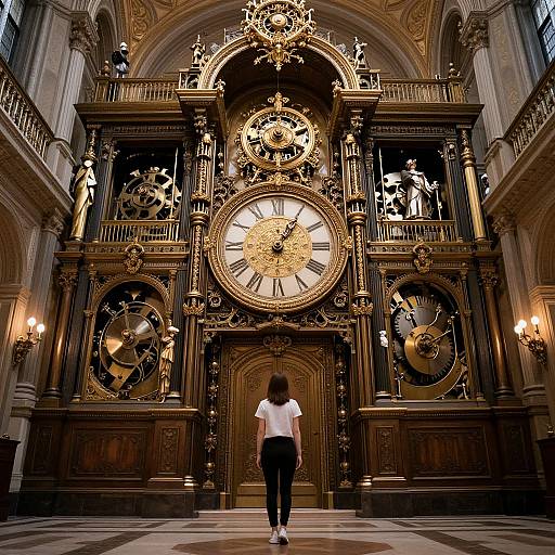 Photograph of a woman in white shirt and black pants standing before a grand, ornate, golden clock with intricate designs in a grand, arched