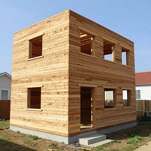 Photograph of a two-story wooden house under construction with visible rectangular windows and doors, set against a clear blue sky.