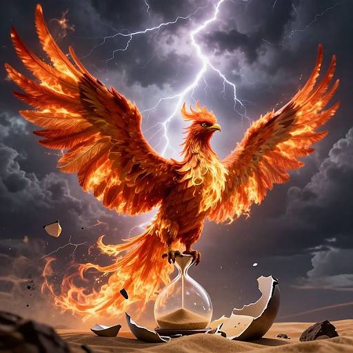 Digital artwork of a fiery phoenix with outstretched wings emerging from a shattered glass vial, set against a dramatic, lightning-filled stormy sky.