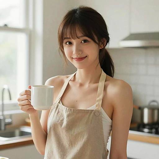Young Woman Holding Coffee Cup in Kitchen