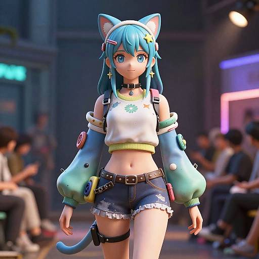 Digital anime-style drawing of a blue-haired catgirl with large eyes, wearing a white crop top, blue shorts, oversized sleeves, and cat ears,