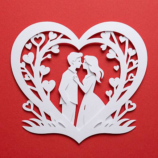 White paper cutout of a couple kissing, surrounded by heart-shaped floral patterns, on a textured red background. Romantic, intricate design.