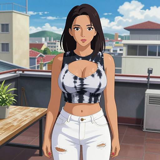 Digital anime-style drawing of a tan-skinned woman with black hair, large breasts, wearing a black and white tie-dye crop top, and white