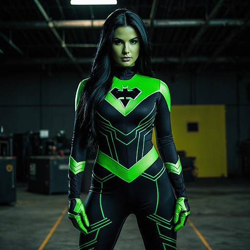 Realistic Shego Cosplay in Dark Warehouse
