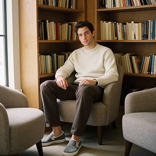 Photograph of a young man with curly brown hair, wearing a white sweater, dark pants, and blue slip-on shoes, sitting in a gray arm