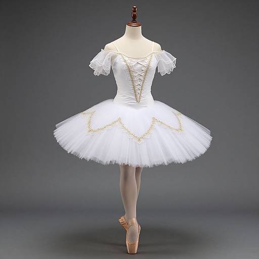 Photograph of a white ballet dress on a mannequin with short off-shoulder sleeves, lace bodice, tulle skirt, and pink