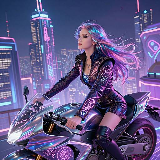 Digital artwork of a futuristic, neon-lit cityscape. A woman with long, multicolored hair rides a glowing, cyberpunk-style motorcycle,