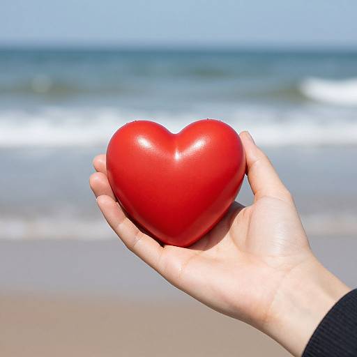 Photograph of a pale hand holding a shiny red heart-shaped object against a blurred beach background with blue ocean and white waves.