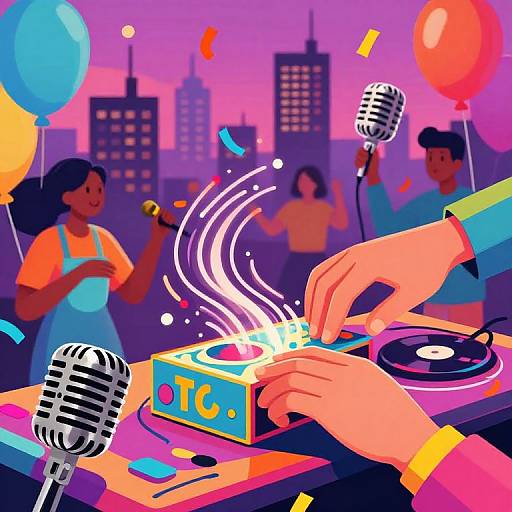 Vibrant digital illustration of a DJ party: hands mixing music on colorful equipment, four dancers with balloons, cityscape at sunset.