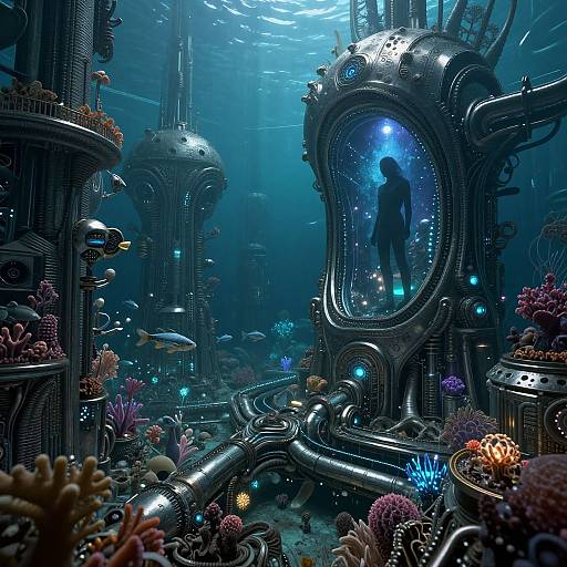 Digital artwork of a futuristic underwater city with glowing blue lights, metallic structures, a silhouetted figure inside a glass dome, surrounded by colorful coral