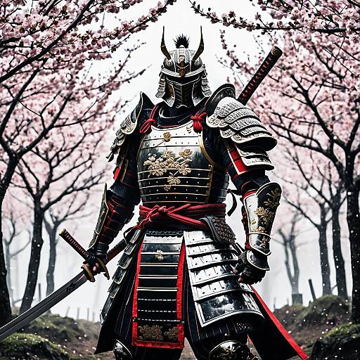 Armored Samurai in Cherry Blossom Grove