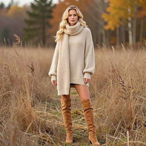 Blonde Woman in Beige Knit Sweater and Boots in Autumn Field