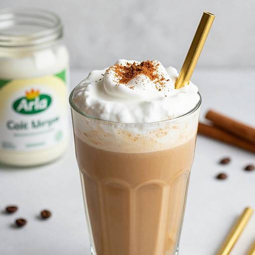 Photograph of a frothy chocolate milkshake in a glass with whipped cream, cinnamon sprinkle, and a gold straw, beside a jar of Almond