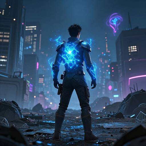Cyberpunk cityscape at night; silhouetted male figure with glowing blue electric energy on back, standing amid ruins, neon city lights in